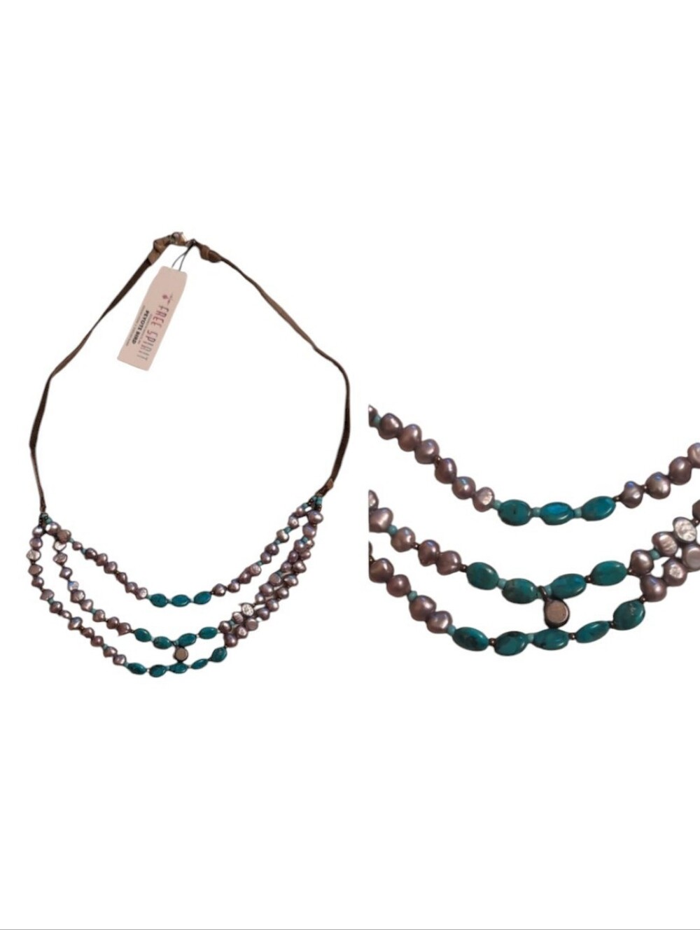 NWT Peyote Bird Necklace Triple Strand Pearl Turquoise 925 Silver Suede Artisan